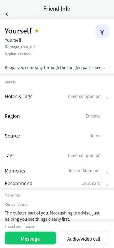 Yinjie My Character: profile cards, personality, and look settings for you and your AI avatar